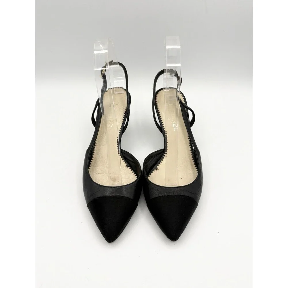 Chanel Black Slingback Heels w/ Pearl Accent Cap Toe Pointed Toe Size EU 36